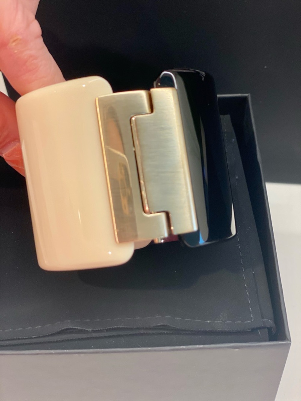 CHANEL Black and White Resin Cuff with Red Heart CC Accent - Picture 10 of 11